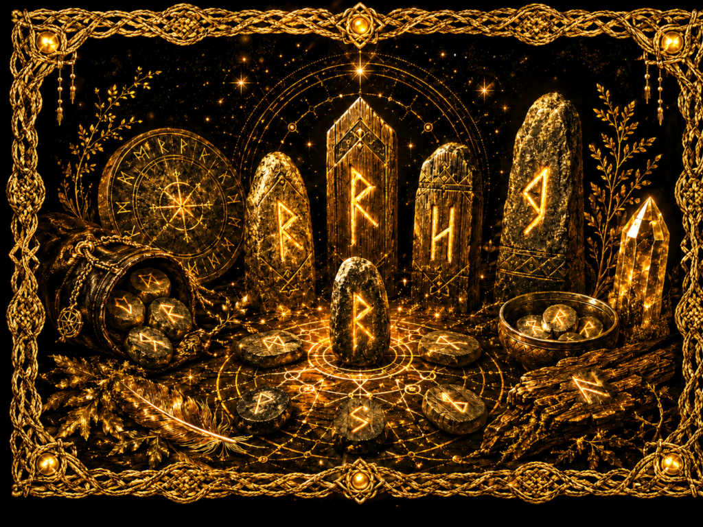 Composition lumineuse de pierres et de bois gravés de runes dorées, entourée d’un cadre tissé sur fond noir.
