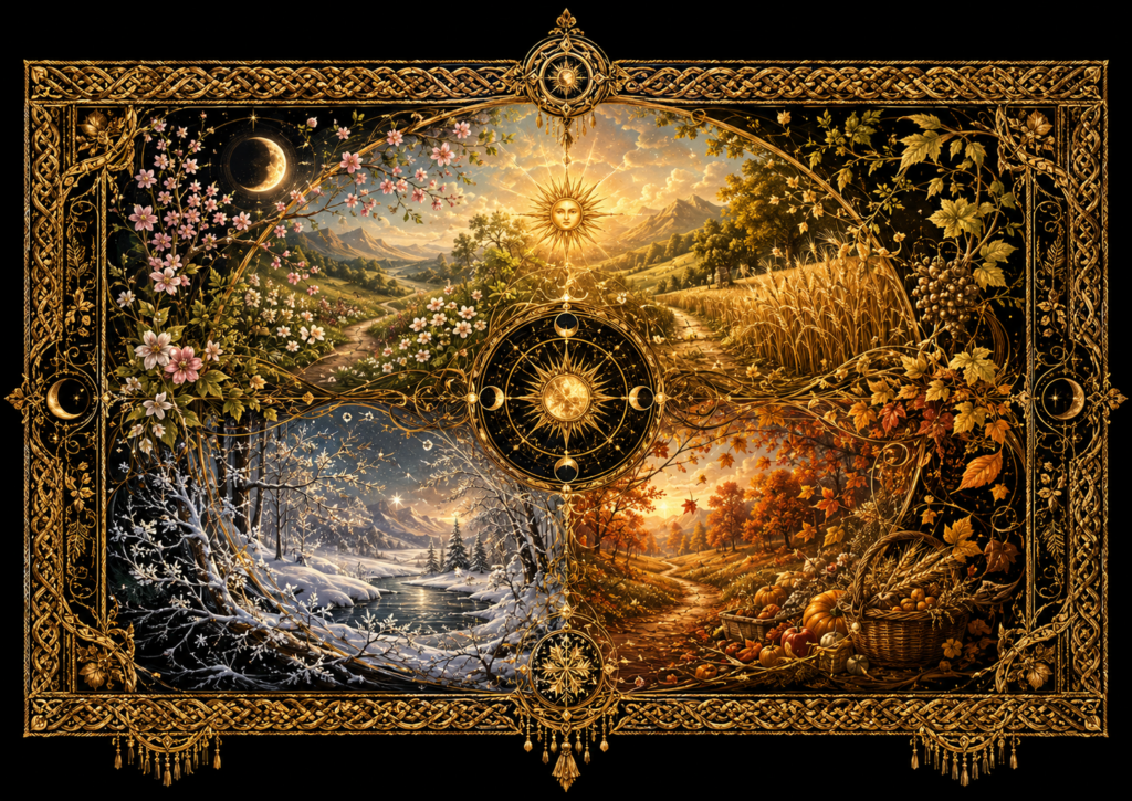 Les quatre saisons réunies dans une composition symbolique dorée, entourées d’un cadre tissé aux motifs celtiques.