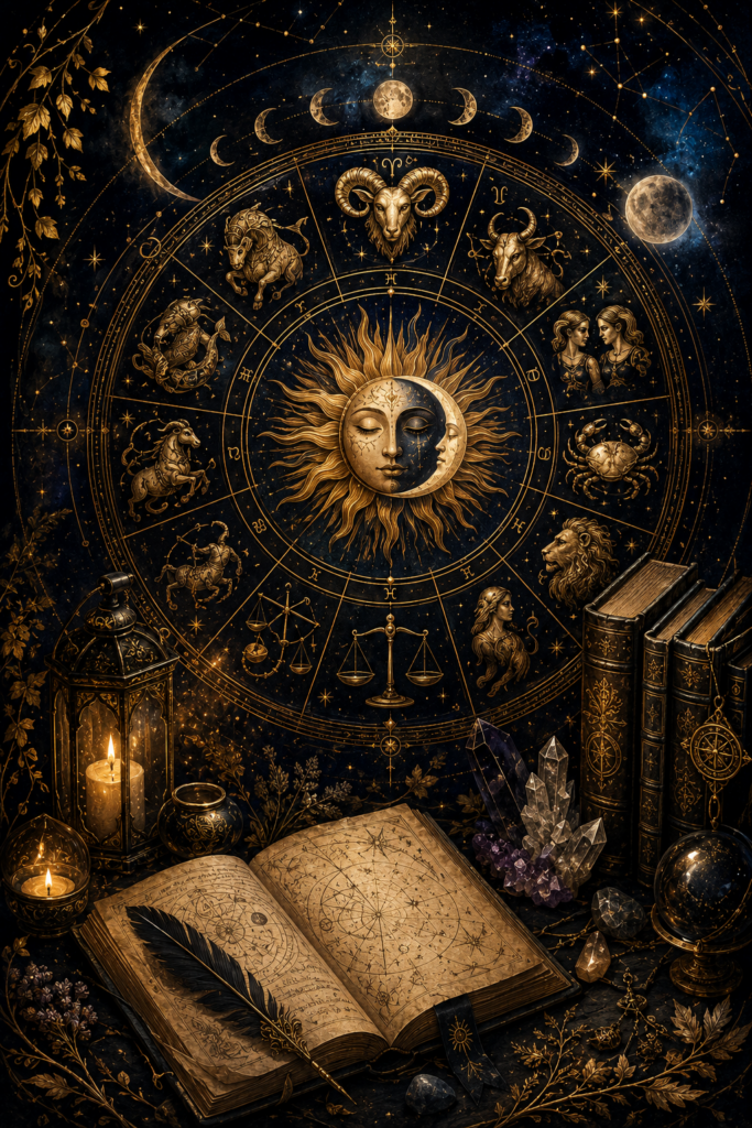 Les Signes du Zodiaque : Roue du zodiaque entourant les douze signes astrologiques dans un univers céleste et symbolique.