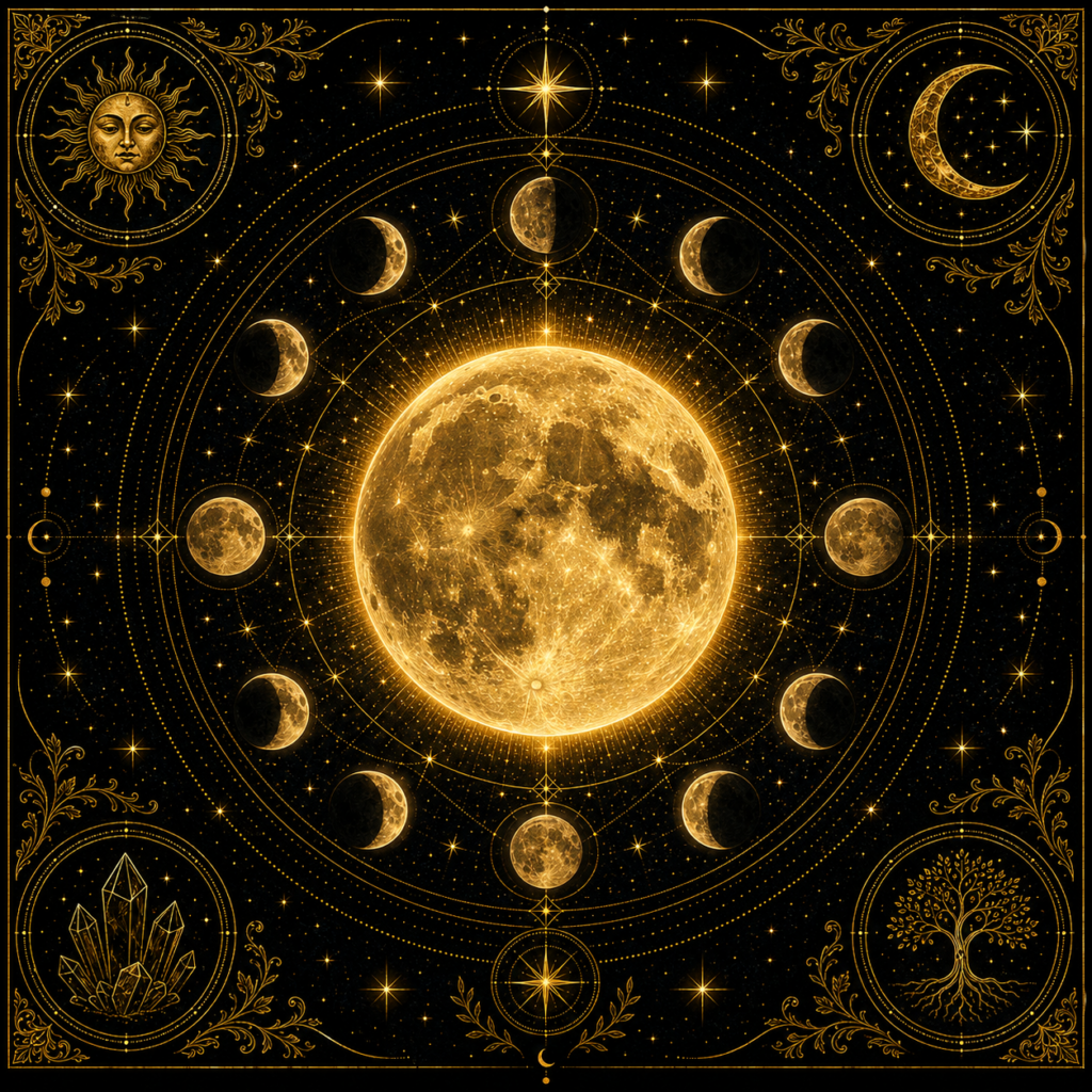 Lunes Bleues : Illustration symbolique d'une Lune Bleue, représentant une pleine lune exceptionnelle au cœur des cycles lunaires dans un style alchimique noir et or.