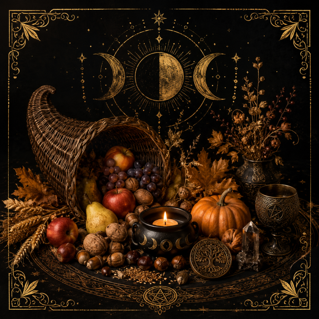 Illustration de Mabon représentant la seconde récolte, la corne d'abondance, les fruits d'automne et les symboles de l'équinoxe dans un style alchimique noir et or.
