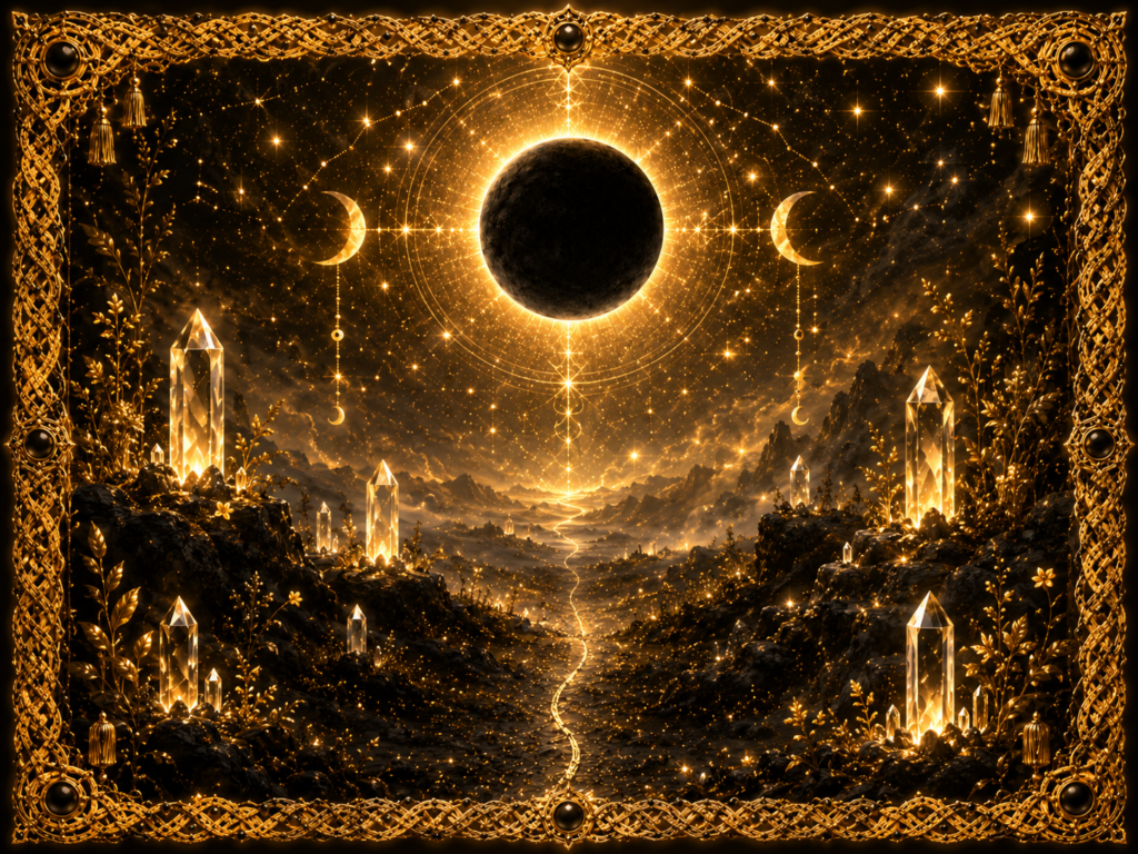 Nouvelle Lune noire dominant un chemin tissé très étroit, entourée d’un cadre doré, de cristaux lumineux et d’un paysage profond.