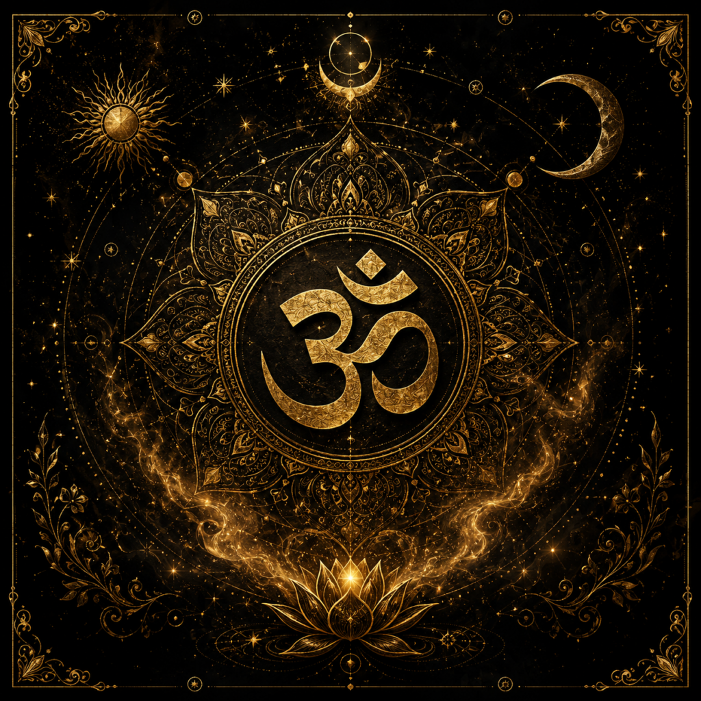 Illustration du symbole Om au centre d'un mandala doré, entouré d'éléments célestes et floraux, dans un style alchimique noir et or.