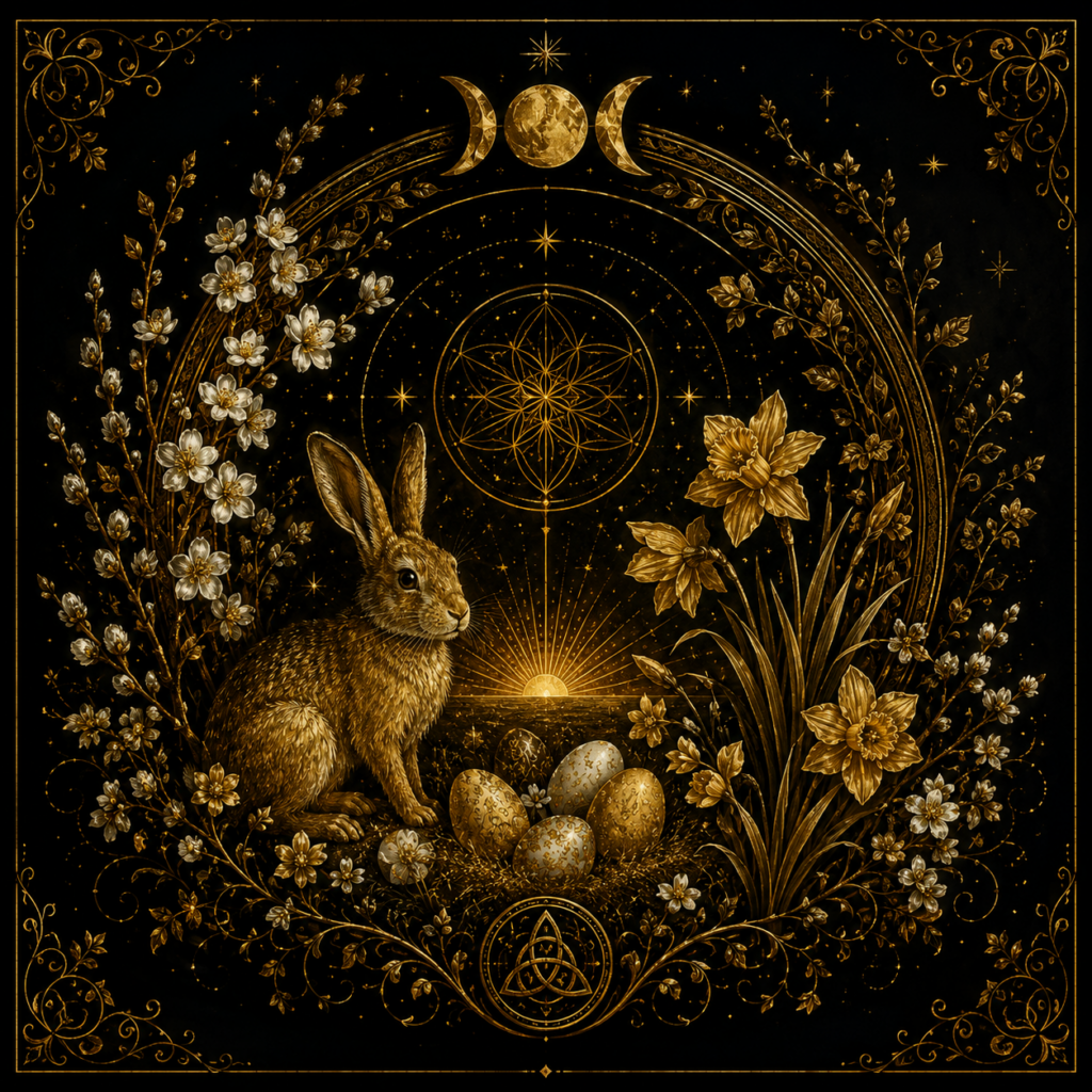 Illustration d'Ostara représentant un lapin, des œufs, des fleurs printanières et le lever du soleil, dans un style alchimique noir et or.