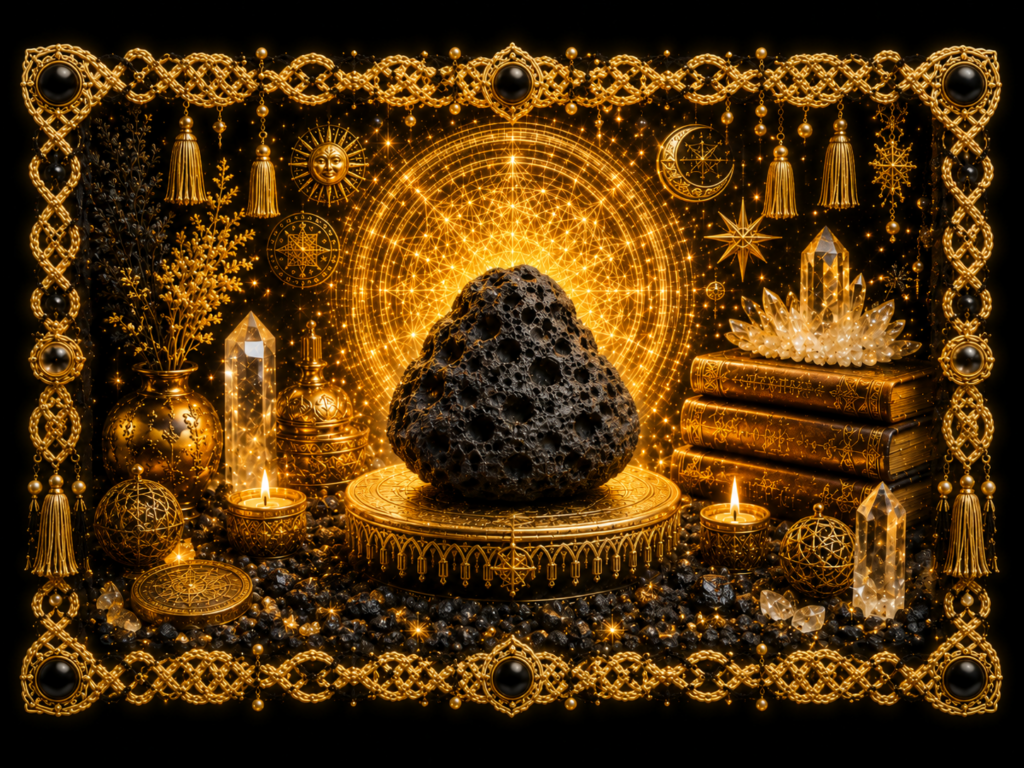 Pierre de lave noire sur un autel alchimique doré, entourée d’un cadre tissé lumineux, de pierres noires et de géométrie sacrée.