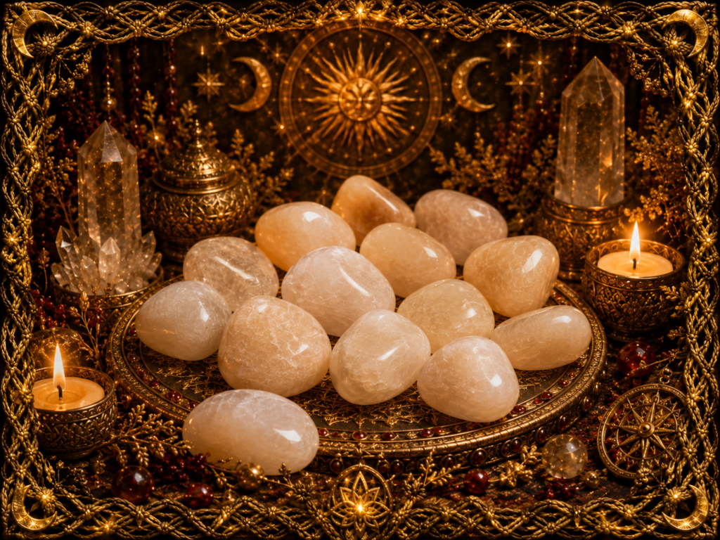Ensemble de quartz laiteux aux nuances blanches, ivoire et légèrement translucides, disposés sur un autel doré entouré d’un cadre tissé lumineux.