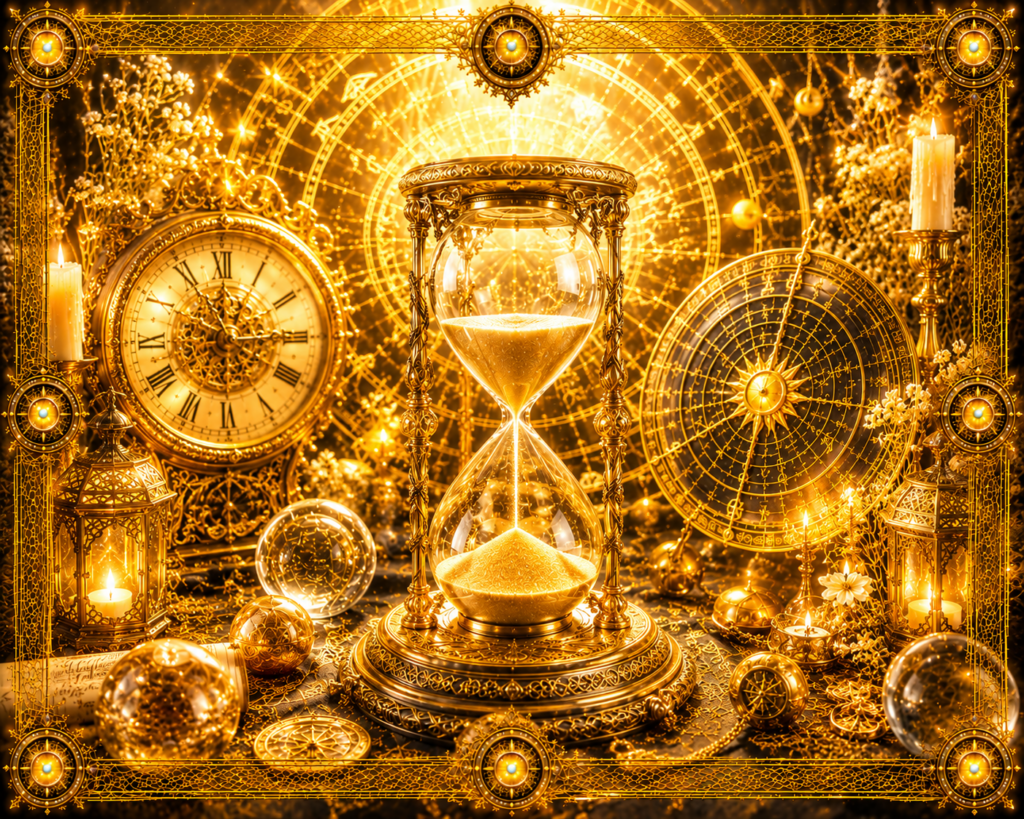 Sablier ancien entouré d'horloges, d'instruments célestes, de lanternes et d'un décor alchimique baigné d'un doré profond.