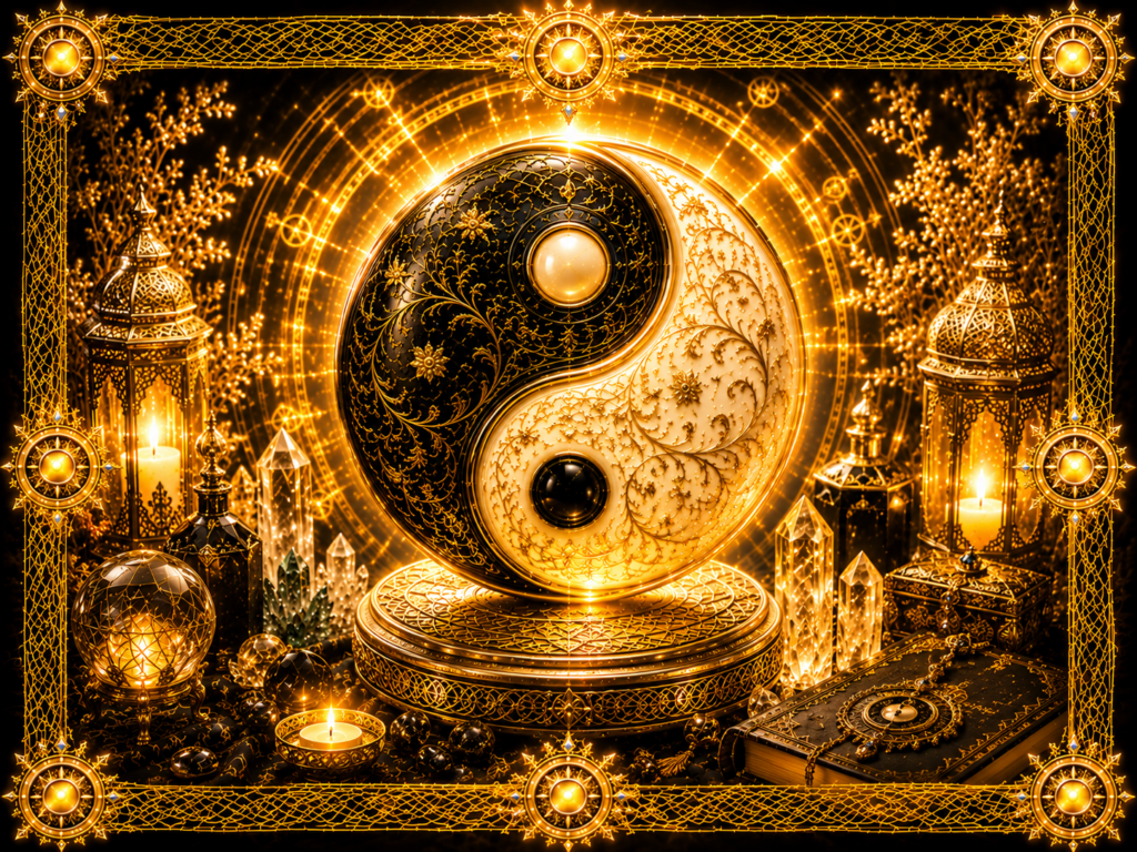 Yin et Yang alchimique dans un décor gothique bohème, entouré de cristaux, de lanternes et d'un cadre tissé doré lumineux.