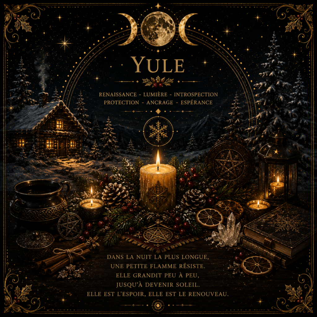 Illustration de Yule représentant une cabane enneigée, des bougies, des branches de pin, des pommes de pin et des symboles du solstice d'hiver, dans un style alchimique noir et or.