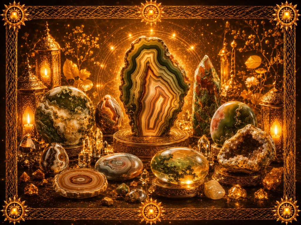 Agates indiennes polies, brutes, translucides et rubanées dans des tons verts, bruns, crème et rouille, réunies dans un décor lumineux encadré de macramé doré.