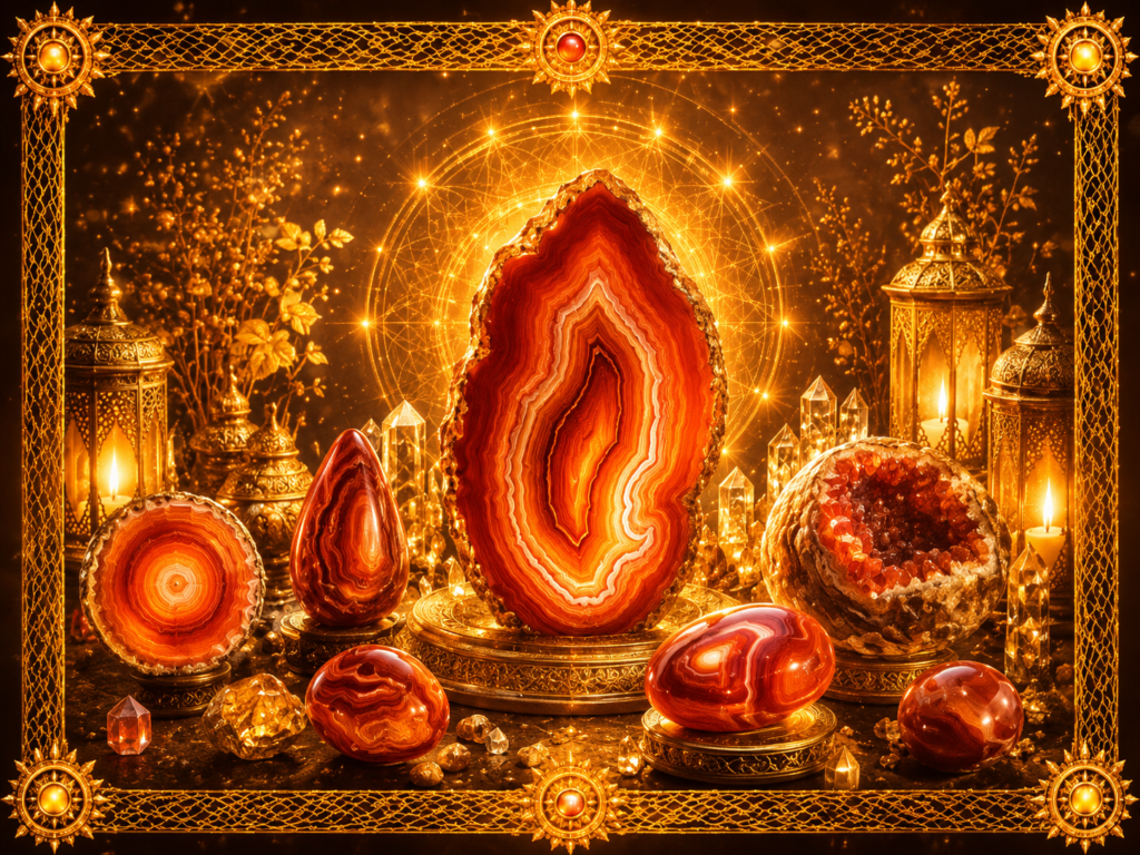 Plusieurs formes d’agate rouge, translucides, polies et brutes, réunies dans un décor lumineux encadré de macramé doré.