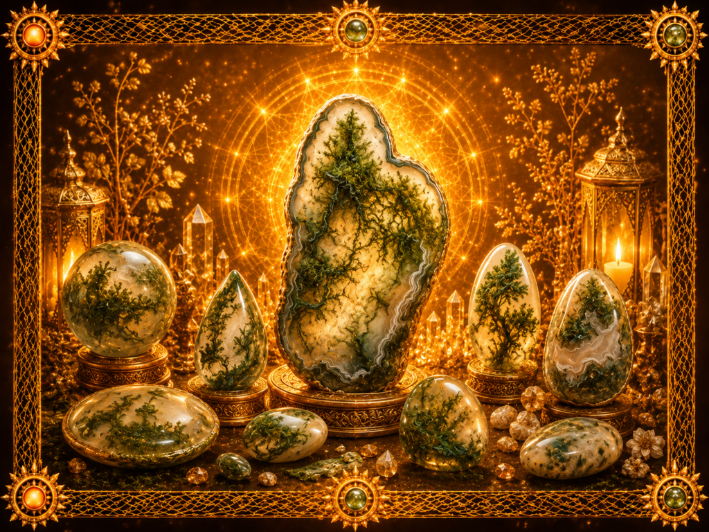 Agates mousse sous plusieurs formes, avec plaques, galets polis, formes ovoïdes et pierres translucides aux inclusions végétales vertes, dans un décor lumineux encadré de macramé doré.