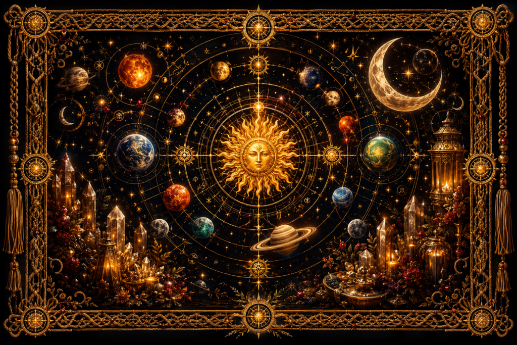 Soleil central entouré de la Lune, des planètes et des étoiles dans une cartographie céleste lumineuse, encadrée de macramé doré.