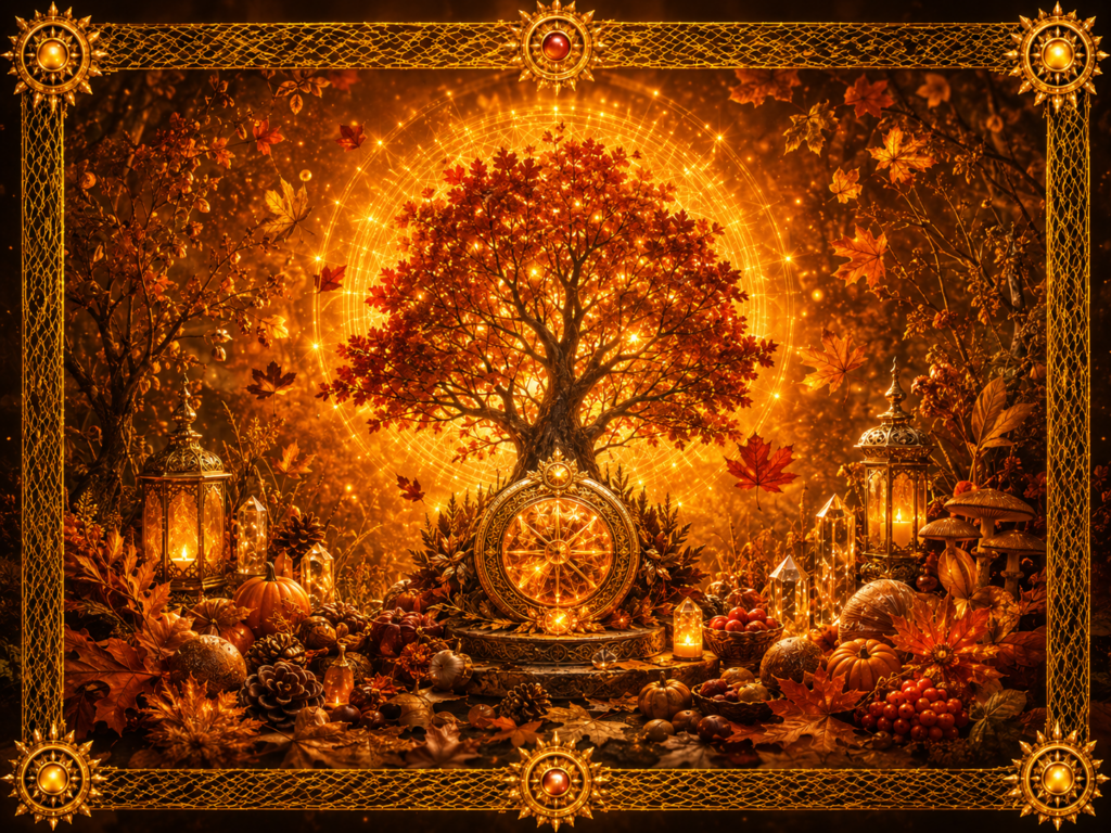 Arbre d’automne lumineux entouré de feuilles rouges et dorées, de fruits, de champignons et de lanternes, dans un décor encadré de macramé doré.