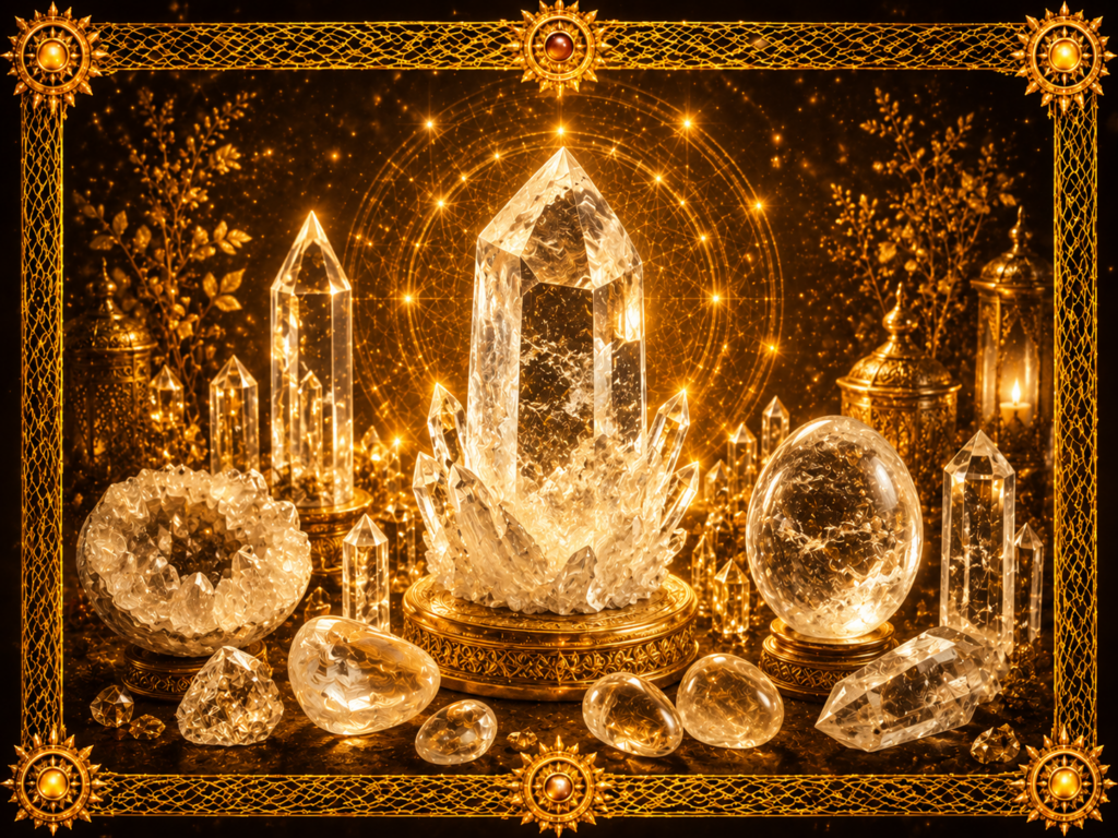 Cristal de roche sous plusieurs formes, avec pointes, amas cristallins, sphères, galets polis et prismes translucides dans un décor lumineux encadré de macramé doré.