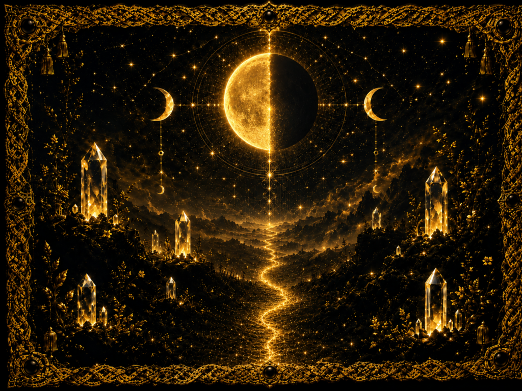 Dernier quartier de la lune au-dessus d’un paysage nocturne, avec un chemin tissé lumineux, des cristaux et un cadre en macramé doré.