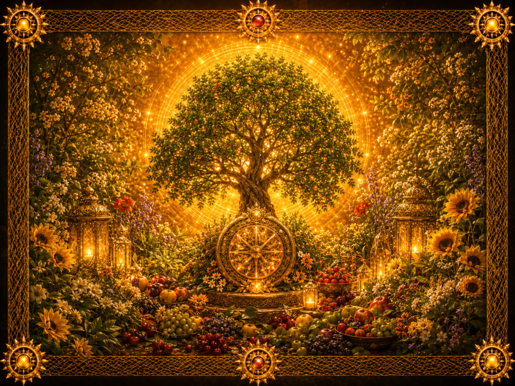 Arbre d’été au feuillage dense entouré de fleurs, de fruits mûrs et de lanternes, dans une scène lumineuse encadrée de macramé doré.