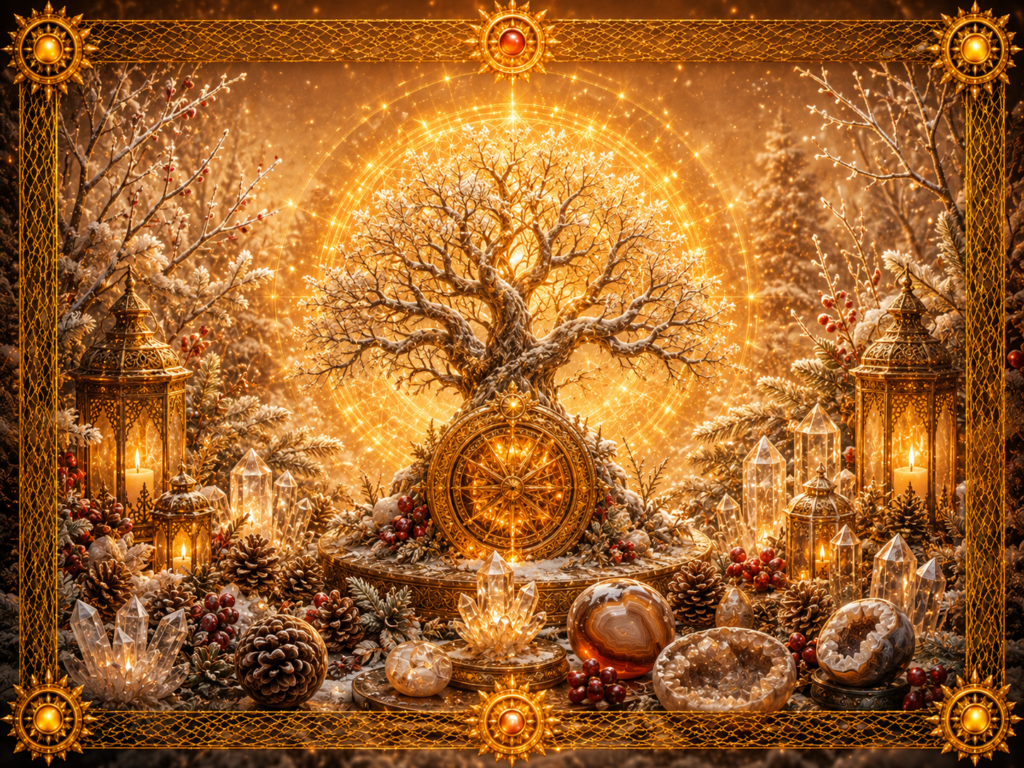 Arbre d’hiver enneigé entouré de lanternes, de cristaux, de pommes de pin et de baies rouges, dans une scène lumineuse encadrée de macramé doré.