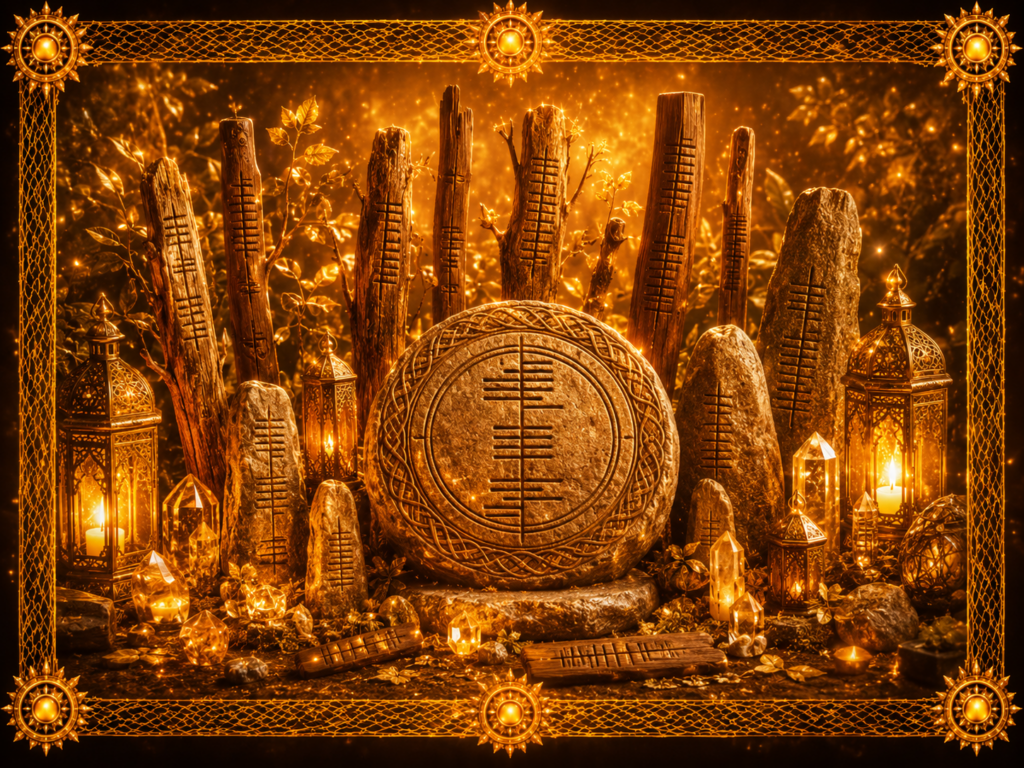 Les oghams gravés sur des stèles de bois, des pierres dressées et un disque central, dans un décor forestier lumineux encadré de macramé doré.