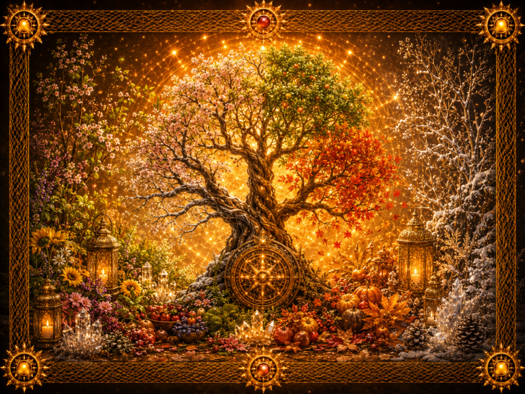 Les quatre saisons réunies dans un arbre central, entre floraison printanière, abondance estivale, feuillage d’automne et branches enneigées, dans un décor lumineux encadré de macramé doré.