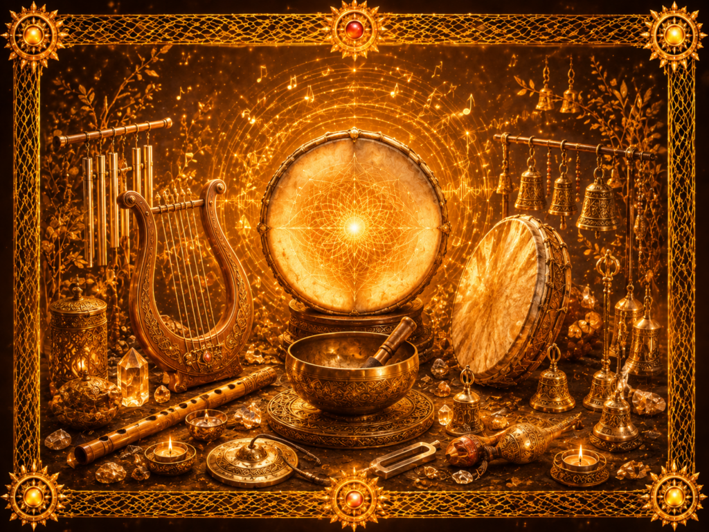 Les sons et la musique représentés par un tambour, une lyre, un bol chantant, des cloches, des carillons et une flûte, dans un décor lumineux encadré de macramé doré.