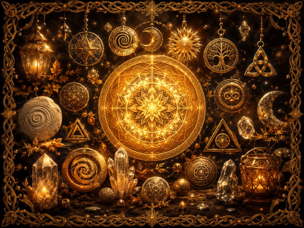 Les symboles représentés par des formes géométriques, des spirales, le Soleil, la Lune, l’arbre de vie et différents motifs anciens, dans un décor lumineux encadré de macramé doré.