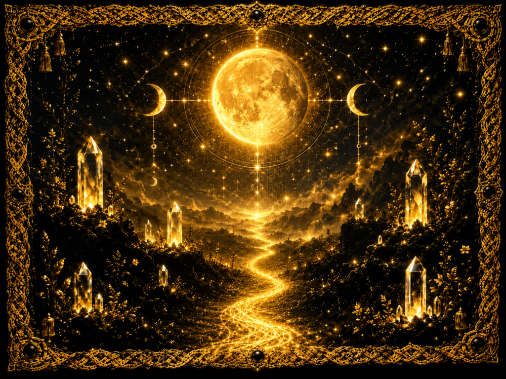 Lune gibbeuse décroissante au-dessus d’un paysage nocturne, avec un large chemin tissé et lumineux qui commence à se resserrer, dans un décor encadré de macramé doré.