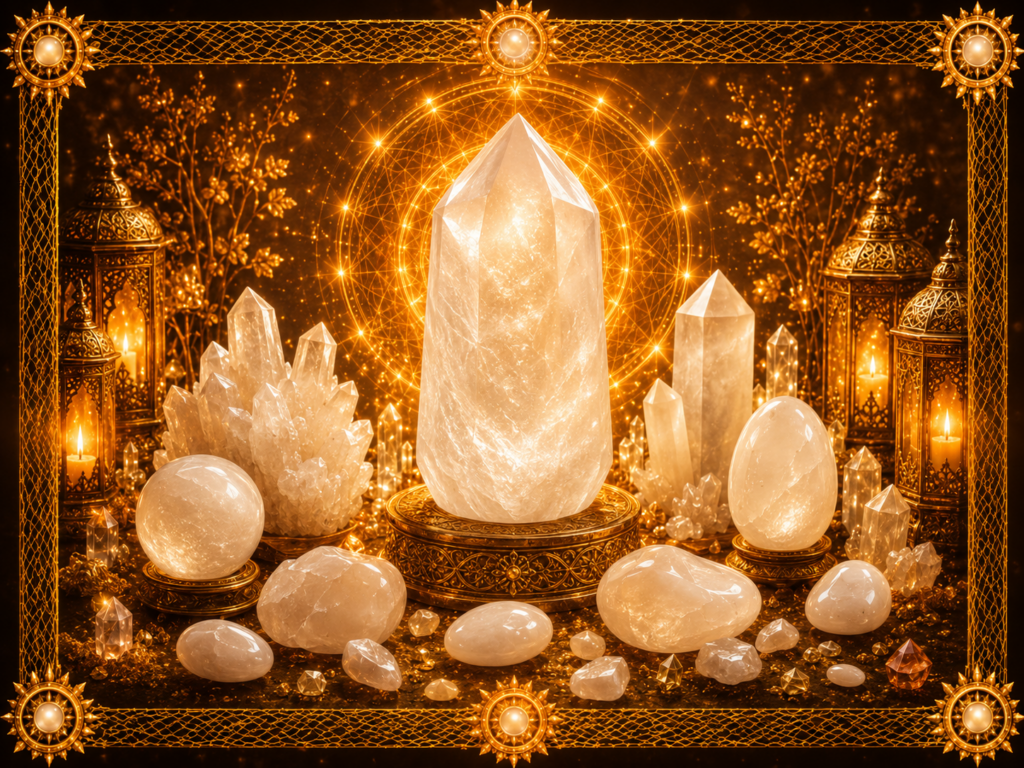 Quartz laiteux sous plusieurs formes, avec grande pointe centrale, amas cristallins, sphères, galets polis et pierres ovoïdes, dans un décor lumineux encadré de macramé doré.