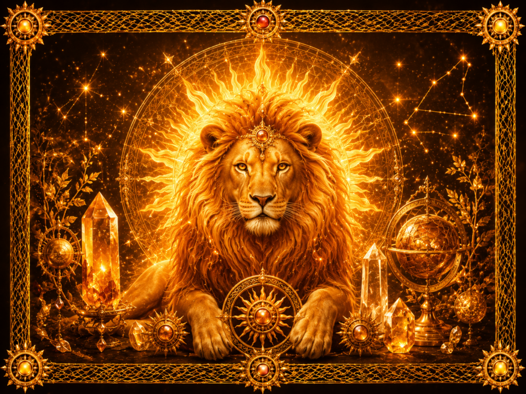 Lion majestueux devant un Soleil rayonnant, entouré de cristaux, d’astres et d’un cadre tissé en macramé doré.