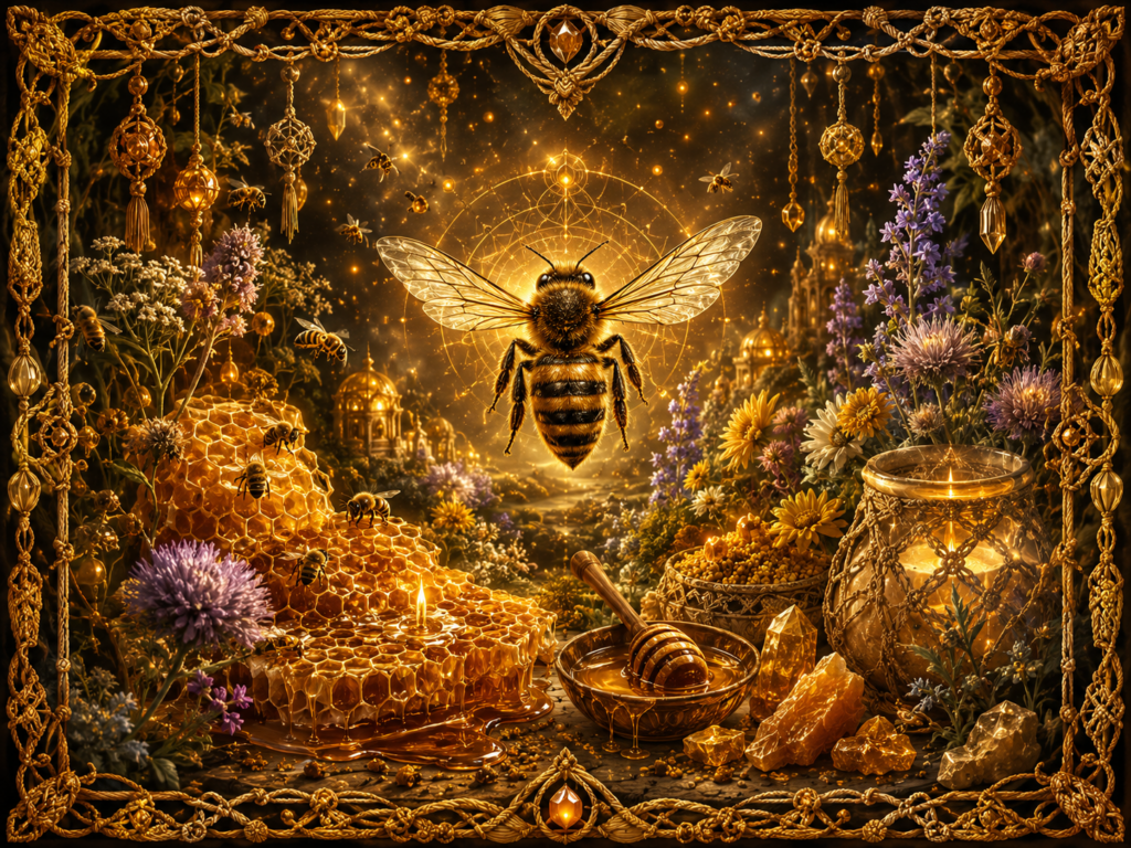 Abeille lumineuse entourée de fleurs, de rayons de miel, de cire, de pollen et de cristaux dans un décor chaleureux encadré de macramé doré.