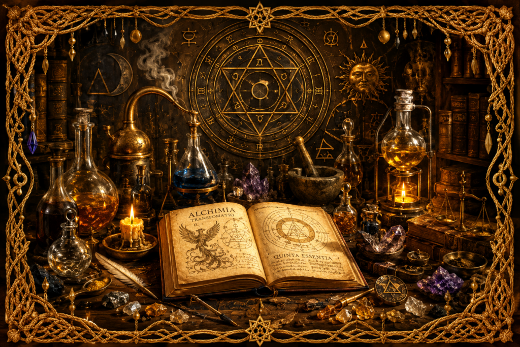 L’alchimie représentée par un livre ancien ouvert, des fioles, un alambic, des cristaux, des symboles ésotériques et des instruments de laboratoire dans un décor lumineux encadré de macramé doré.