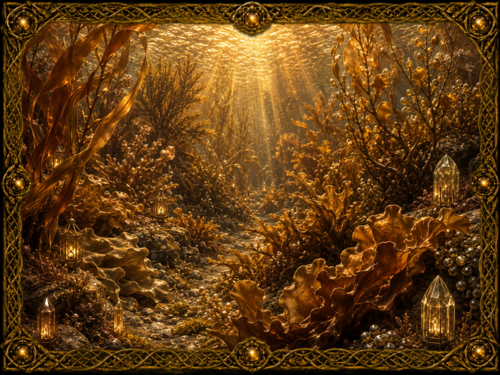 Algues brunes de formes variées dans un paysage sous-marin lumineux, avec grands varechs, frondes ondulantes, lanternes et cristaux, encadrées de macramé doré.