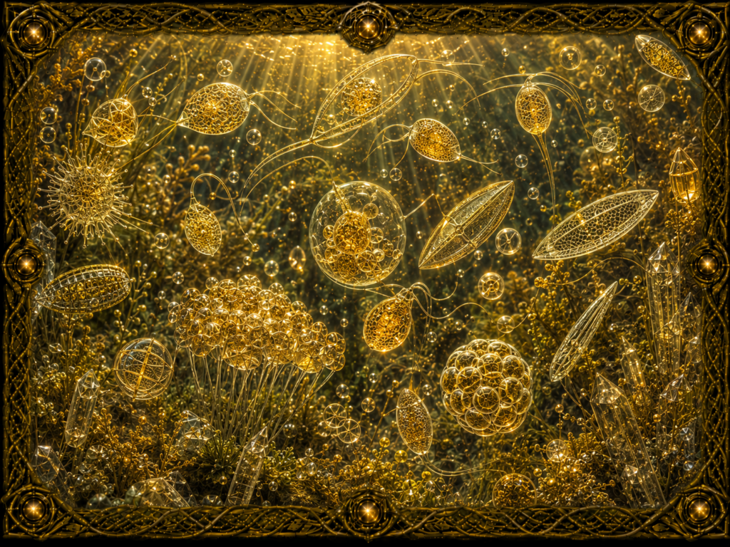 Algues dorées ou chrysophytes représentées sous différentes formes microscopiques dans un univers aquatique lumineux, avec structures allongées, sphériques et flagellées, cristaux et cadre en macramé doré.