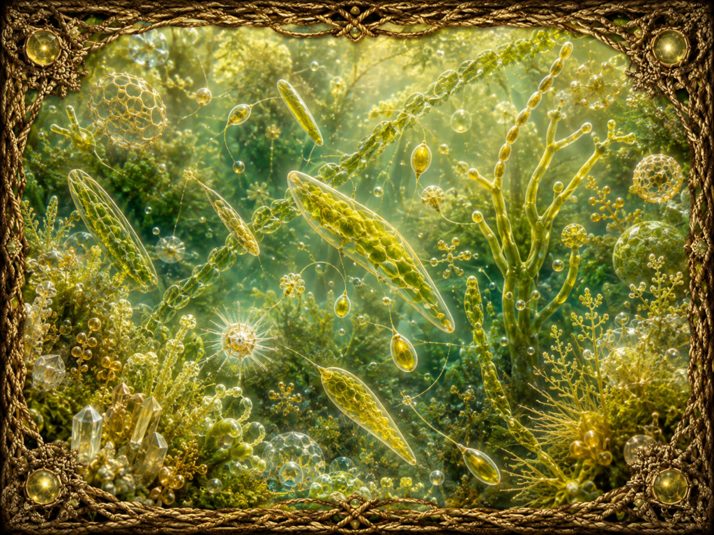 Algues jaune-vertes et xanthophytes représentées sous différentes formes microscopiques dans un univers aquatique lumineux, avec structures allongées, filamenteuses et ramifiées, cristaux et cadre en macramé doré.
