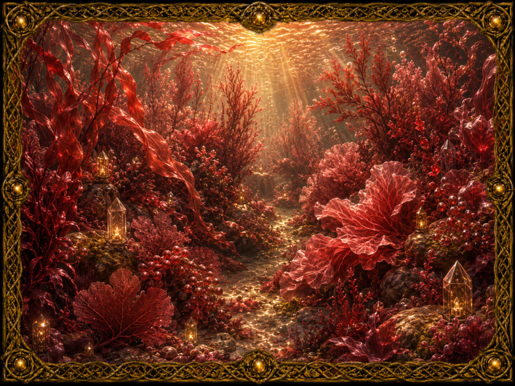 Algues rouges de formes variées dans un paysage sous-marin lumineux, avec frondes ondulantes, formes ramifiées, lanternes et cristaux, encadrées de macramé doré.
