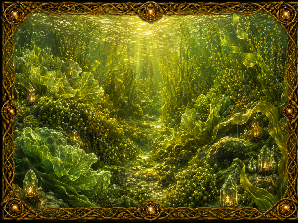 Algues vertes de formes variées dans un paysage sous-marin lumineux, avec grandes frondes, algues filamenteuses, formes en rubans, lanternes et cristaux, encadrés de macramé doré.