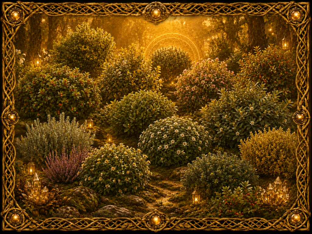 Arbustes et arbrisseaux de formes variées, fleuris, persistants ou porteurs de baies, dans un jardin naturel lumineux encadré de macramé doré.