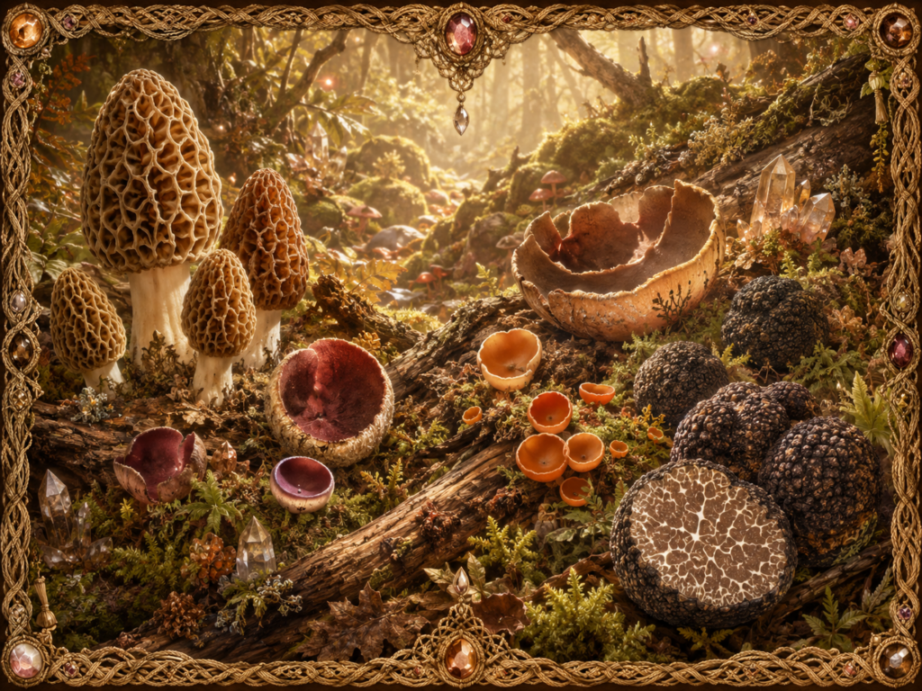 Ascomycètes représentés par des morilles, truffes et champignons en forme de coupe dans un sous-bois lumineux, entourés de cristaux et d’un cadre en macramé doré.