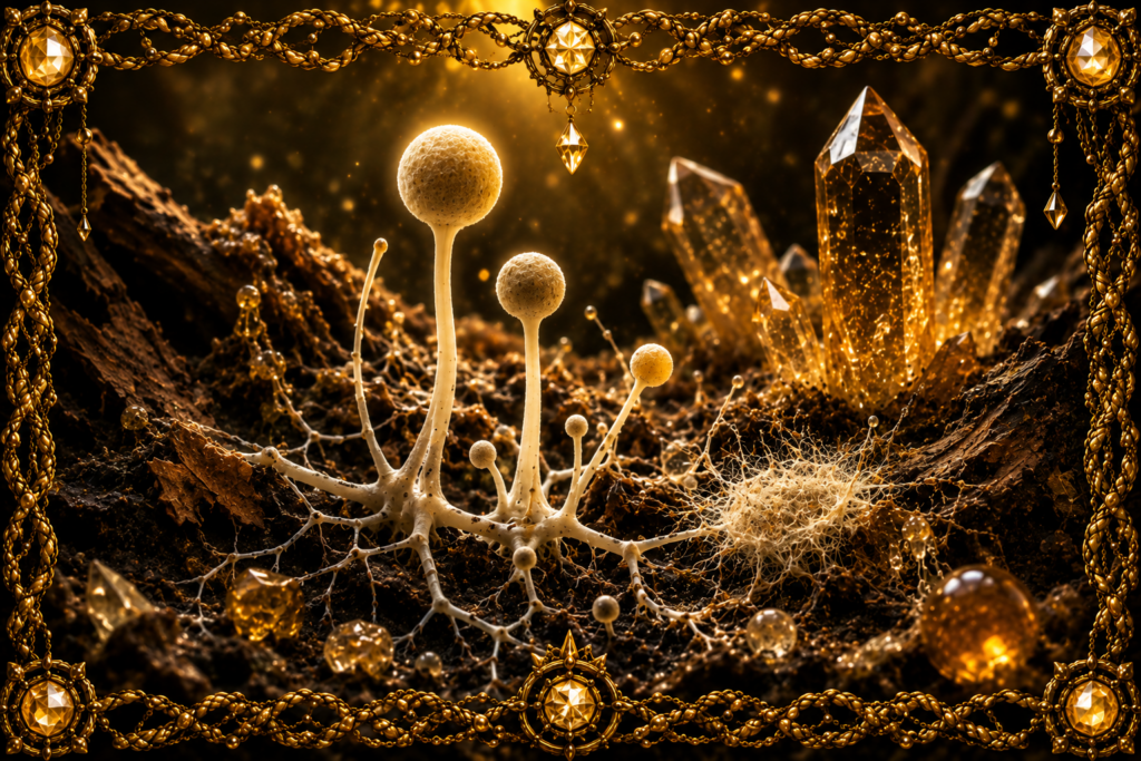 Basidiobolomycètes (Basidiobolomycetes) représentés dans un sol forestier avec mycélium, filaments fongiques, structures porteuses de spores, cristaux et cadre en macramé doré.