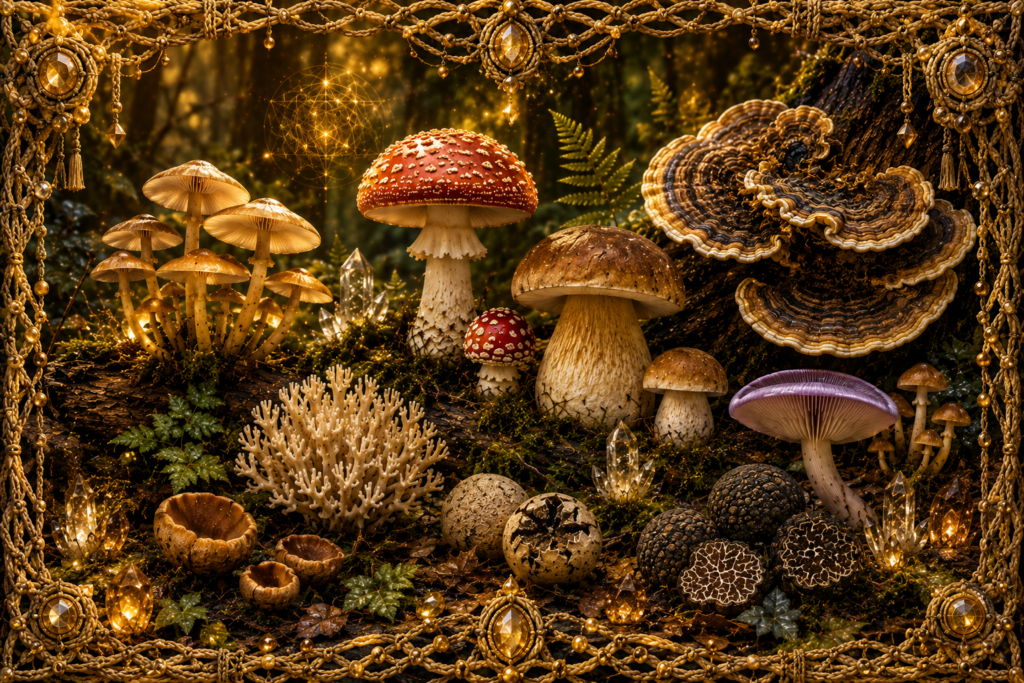 Basidiomycètes représentés par différents champignons à chapeau, polypores, champignons coralloïdes, formes globuleuses et champignons souterrains dans un sous-bois lumineux encadré de macramé doré.