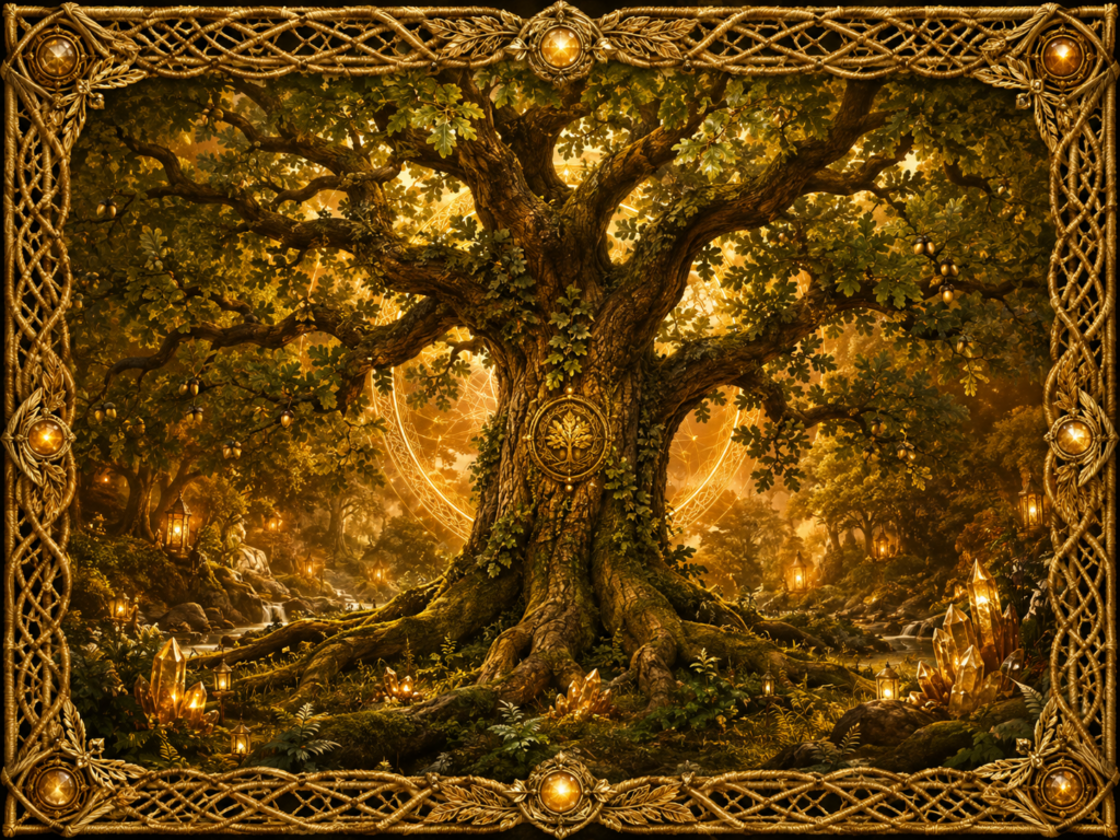Chêne majestueux aux racines puissantes, entouré de glands, de feuillage, de cristaux et d’un halo lumineux, dans un décor forestier encadré de macramé doré.