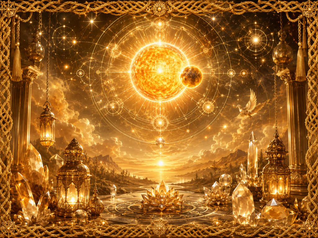 Conjonction Soleil-Mercure représentée par Mercure proche du Soleil dans un ciel lumineux, entourée de cristaux, de symboles célestes et d’un cadre en macramé doré.