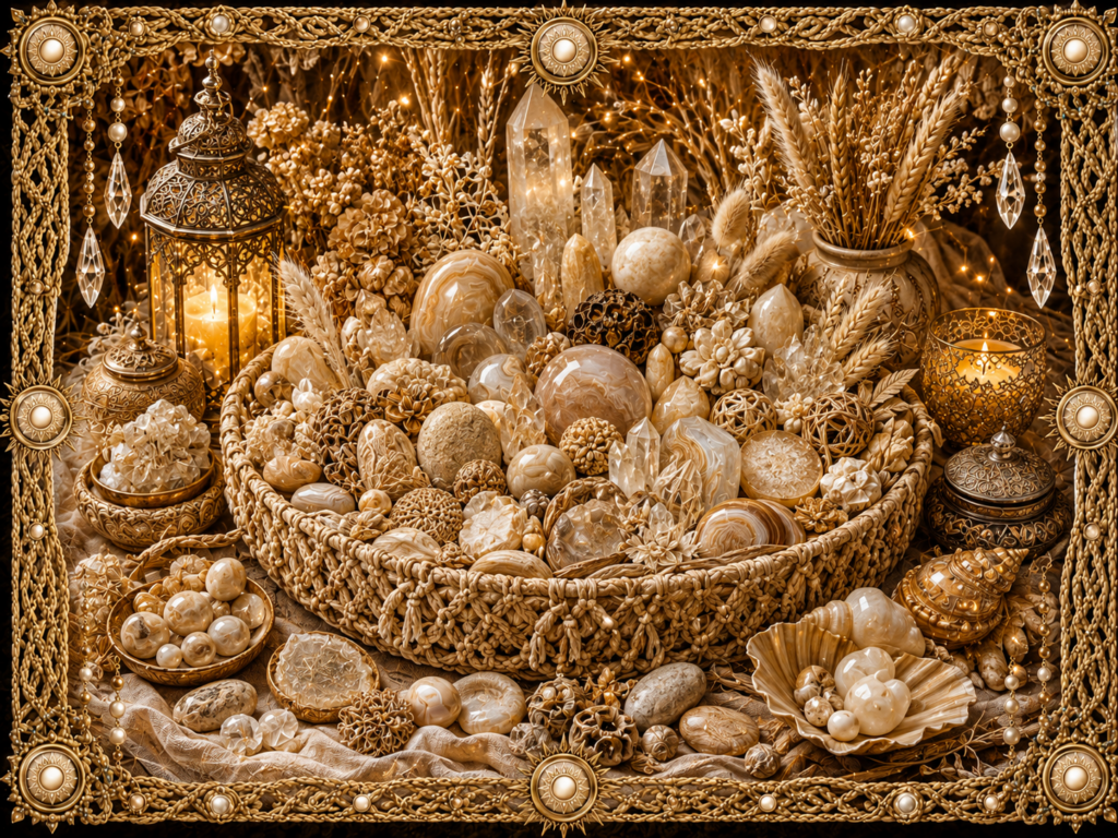 Composition lumineuse consacrée à la couleur beige, réunissant pierres claires, cristaux, coquillages, fleurs séchées, épis et objets naturels dans un plat tissé, entourés d’un cadre en macramé doré orné de touches beige.