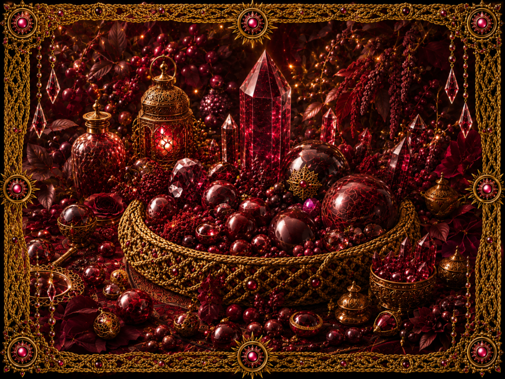 Composition lumineuse consacrée à la couleur bordeaux, réunissant cristaux, pierres, baies, feuillages et objets décoratifs dans un plat tissé, entourés d’un cadre en macramé doré orné de pierres bordeaux.