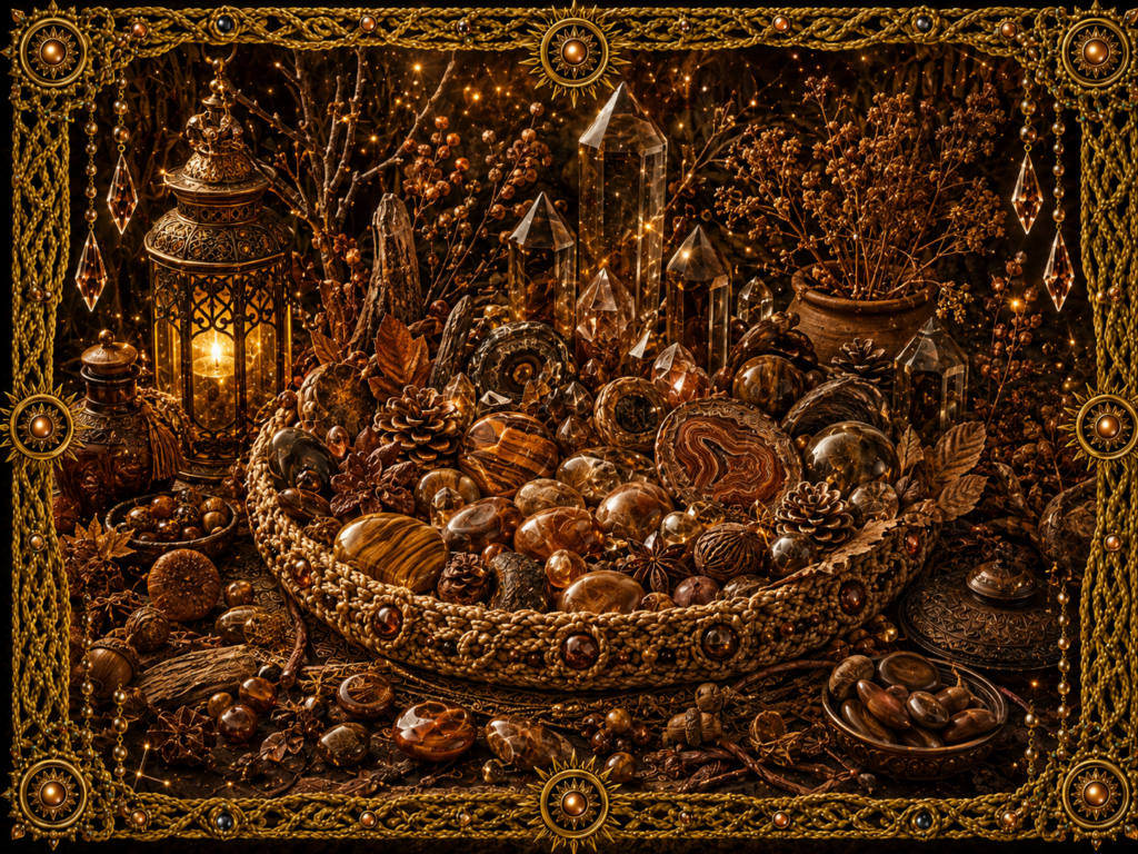 Composition lumineuse consacrée à la couleur brune, réunissant pierres brunes, bois, graines, feuillages secs et cristaux dans un plat tissé, entourés d’un cadre en macramé doré orné de pierres brunes.