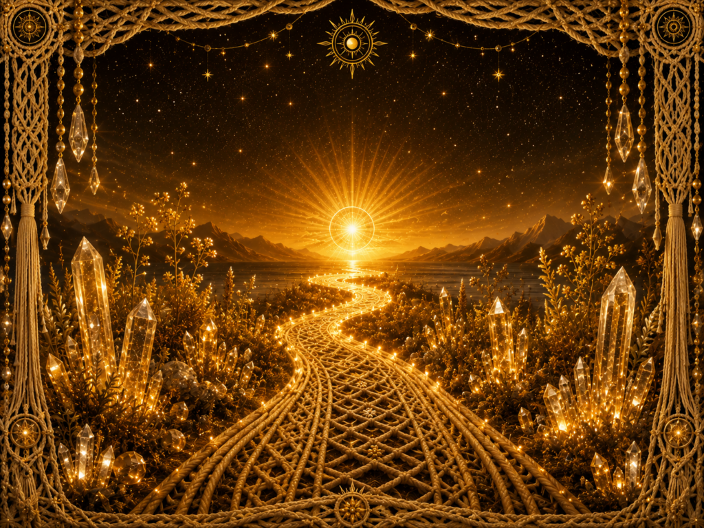 Couleur dorée: Paysage entièrement baigné de lumière dorée, traversé par un chemin tissé en macramé menant vers un horizon solaire, entouré de cristaux et d’un cadre tissé doré.