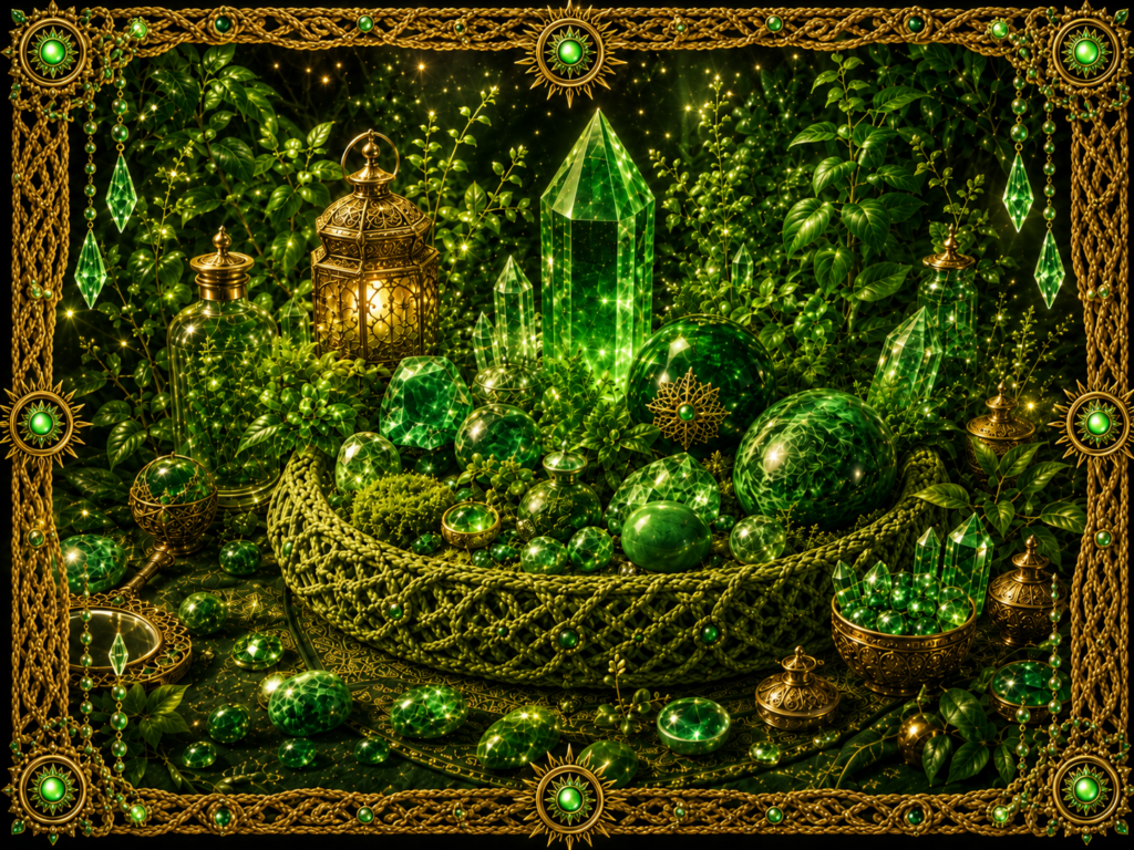 Composition lumineuse consacrée à la couleur verte, réunissant plantes, pierres vertes, cristaux et objets minéraux dans un plat tissé, entourés d’un cadre en macramé doré orné de pierres vertes.