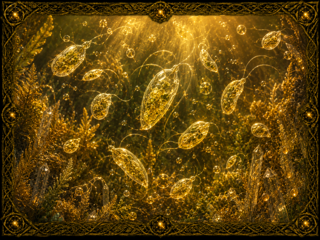 Cryptophytes représentés sous différentes formes unicellulaires et flagellées dans un univers aquatique lumineux, avec cristaux et cadre en macramé doré.