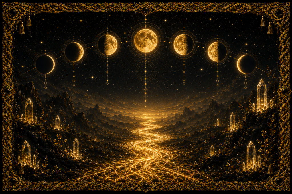 Les cycles lunaires représentés par plusieurs phases de la Lune au-dessus d’un paysage nocturne, avec un chemin tissé lumineux, des cristaux et un cadre en macramé doré.