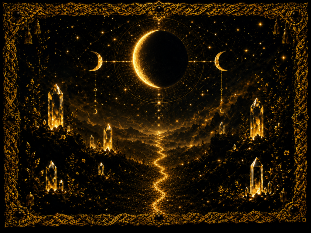 Lune décroissante représentée par un fin croissant lumineux dans un ciel nocturne profond, au-dessus d’un chemin tissé doré entouré de cristaux et d’un cadre en macramé.